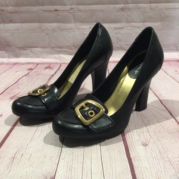 BCBGirls Black Faux Leather Heels with Gold Accent Buckle - Size 7 1/2 - Picture 1 of 9